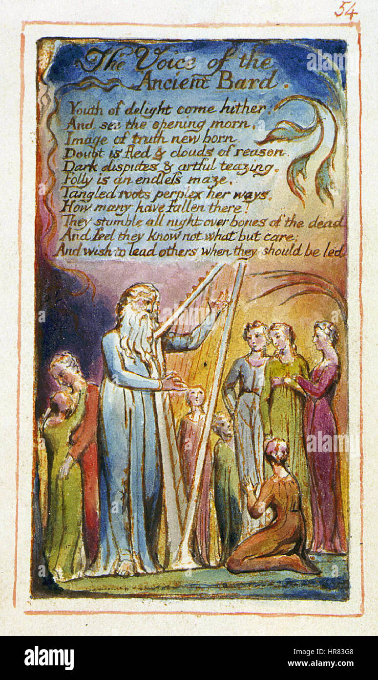 *Songs of innocence and of Experience* de William Blake, dans son édition *The Voice of the Ancient Bard*, est un poème célèbre qui explore les thèmes de l’innocence, de l’expérience et des conditions humaines contrastées. Les images vives et le riche symbolisme de Blake dans cette pièce reflètent le voyage spirituel et émotionnel de l'âme. Banque D'Images