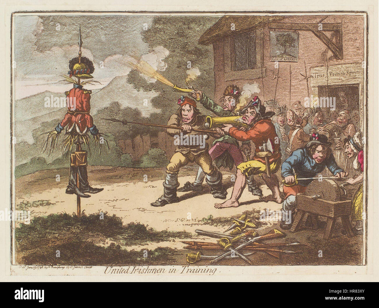 « United Irishmen in Training » de James Gillray est une gravure satirique représentant les troubles politiques en Irlande à la fin du XVIIIe siècle. L'image critique les tensions entre les révolutionnaires irlandais et les autorités britanniques. Banque D'Images