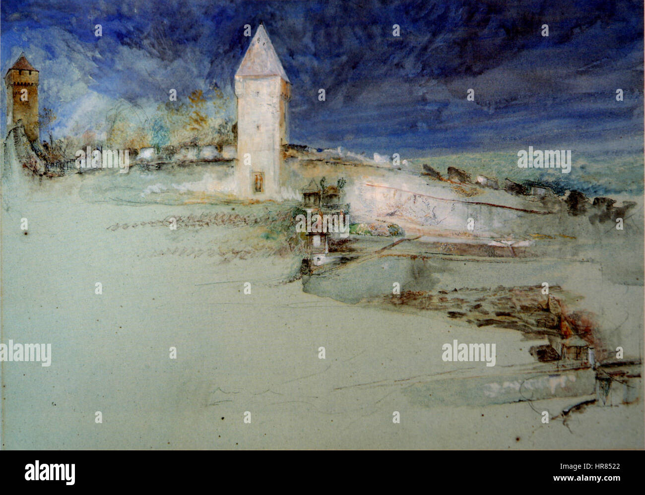 « Les murs de Lucerne » capture les emblématiques fortifications médiévales de Lucerne, en Suisse. La peinture met en valeur l'architecture historique et l'importance stratégique de ces murs, qui ont protégé la ville pendant des siècles. Banque D'Images