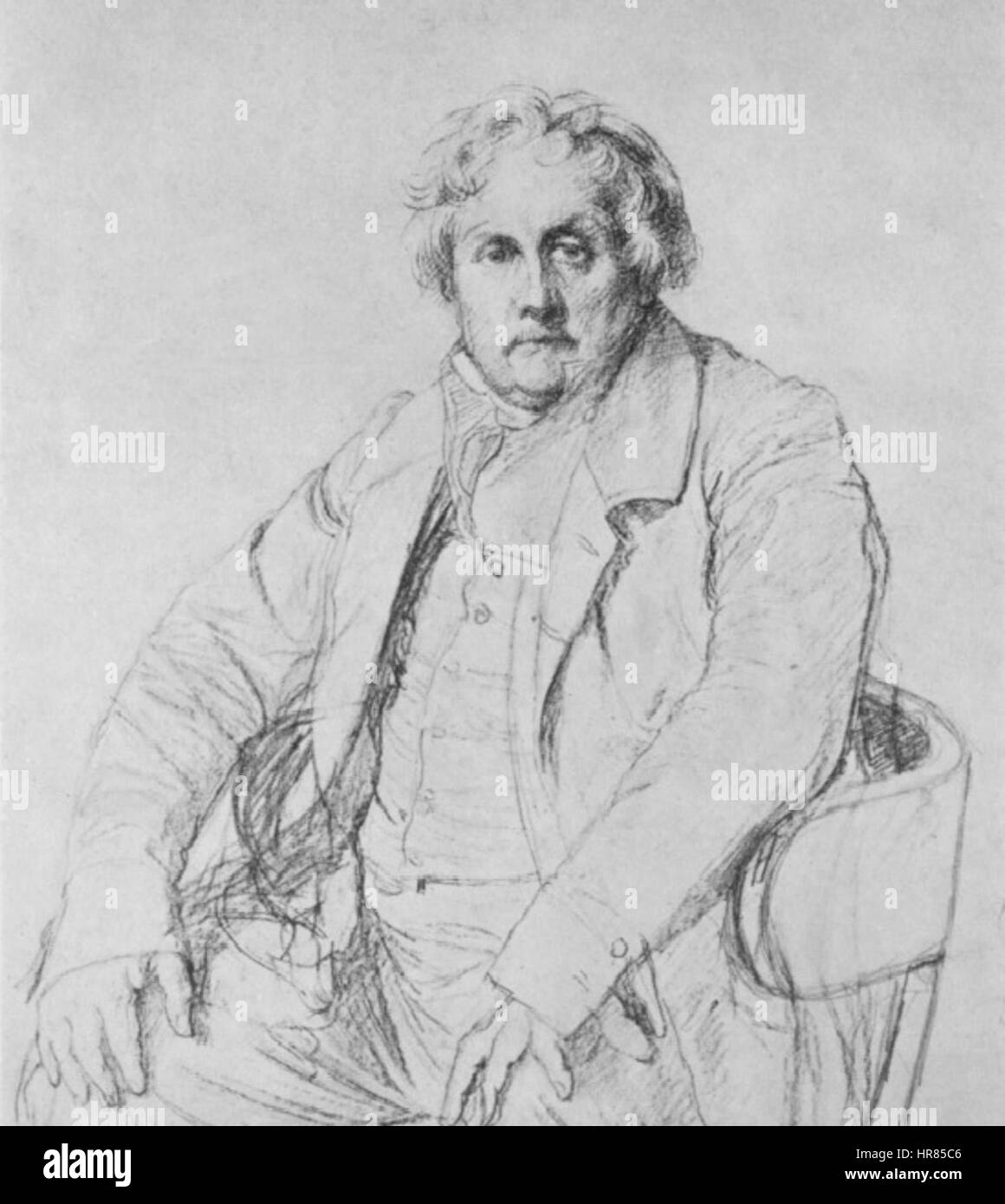 Cette étude préparatoire de Jean-Auguste-Dominique Ingres représente Monsieur Bertin, figure éminente de la société française du XIXe siècle. Le croquis détaillé souligne l'attention méticuleuse d'Ingres à la forme et à la structure alors qu'il planifiait son portrait final de Bertin. Banque D'Images
