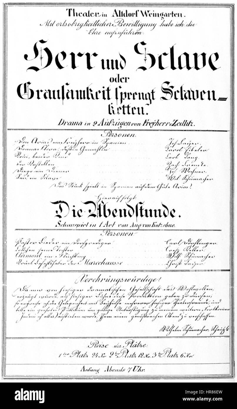 Theaterzettel Weingarten und Herr 1840 Sclave Banque D'Images