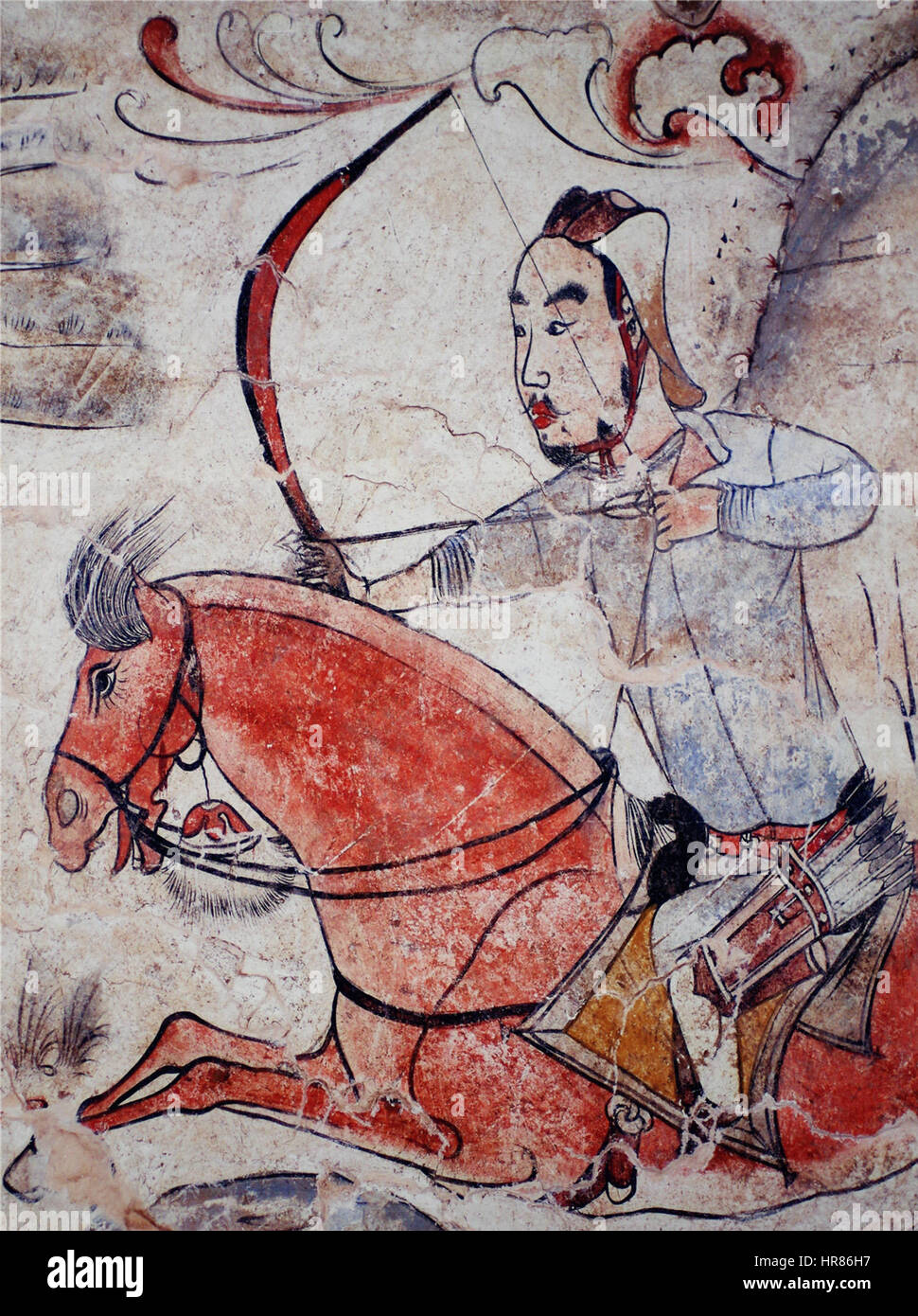 La murale de la tombe de la dynastie Qi du Nord, située à Jiuyuangang, Xinzhou, présente des détails complexes de l'ancien enterrement chinois Les peintures murales du tombeau représentent diverses scènes, y compris la vie quotidienne, les divinités et les motifs symboliques, offrant un aperçu des pratiques religieuses et culturelles de la dynastie Qi du Nord au vie siècle. Banque D'Images