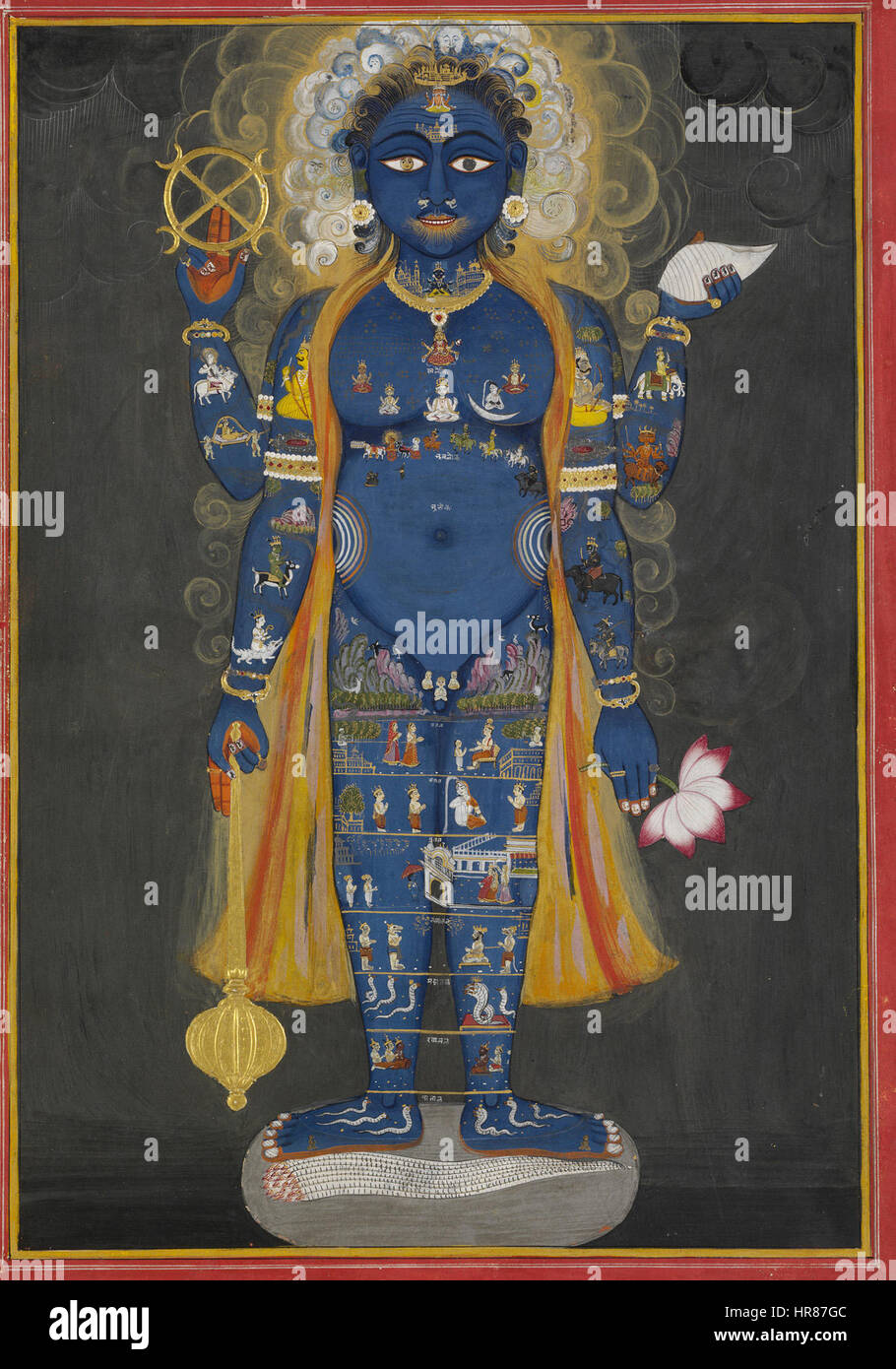 'Vishnu Vishvarupa' est une représentation du Dieu hindou Vishnu dans sa forme cosmique, montrant de multiples visages, bras et symboles divins. L’œuvre représente la présence universelle et la nature divine de Vishnu, un thème clé de l’iconographie hindoue et des religieux intégrés Banque D'Images