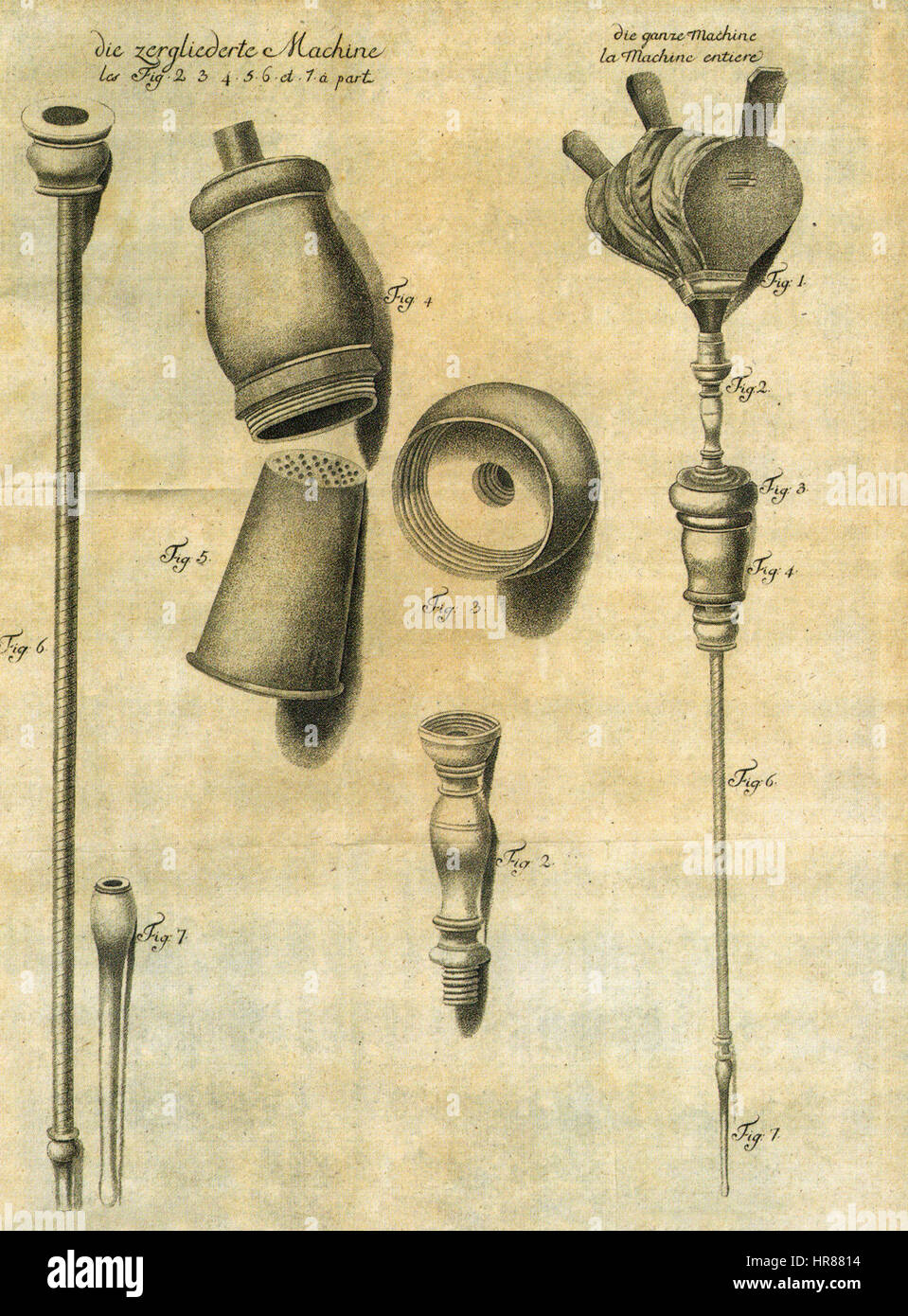 Ce dispositif historique a été utilisé aux XVIIIe et XIXe siècles comme méthode de réanimation, où la fumée de tabac était soufflée dans le rectum d'un patient dans un effort pour les raviver. L'appareil faisait partie d'une pratique médicale désormais obsolète. Banque D'Images