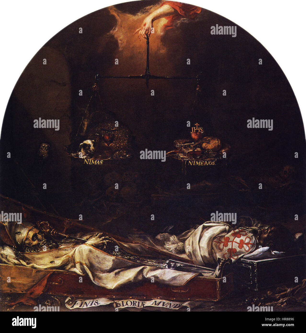 *Finis Gloriae Mundi* de Valdés Leal est une puissante peinture memento mori, symbolisant la nature transitoire de la vie et de la gloire. La pièce représente un monde en décomposition, en utilisant des images dramatiques pour refléter les thèmes de la mortalité et de l'impermanence de la gloire. Banque D'Images