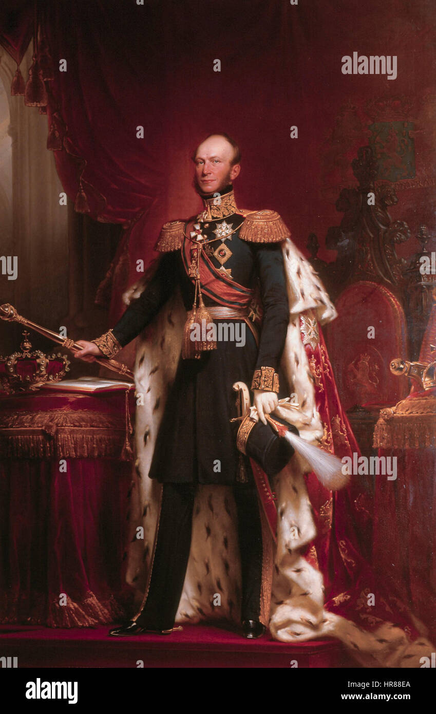 Le portrait 'Willemll par Pieneman' présente Willem II des pays-Bas. L'œuvre reflète la dignité royale et l'importance de la monarchie néerlandaise au XIXe siècle, capturant la ressemblance et l'autorité du roi. Banque D'Images