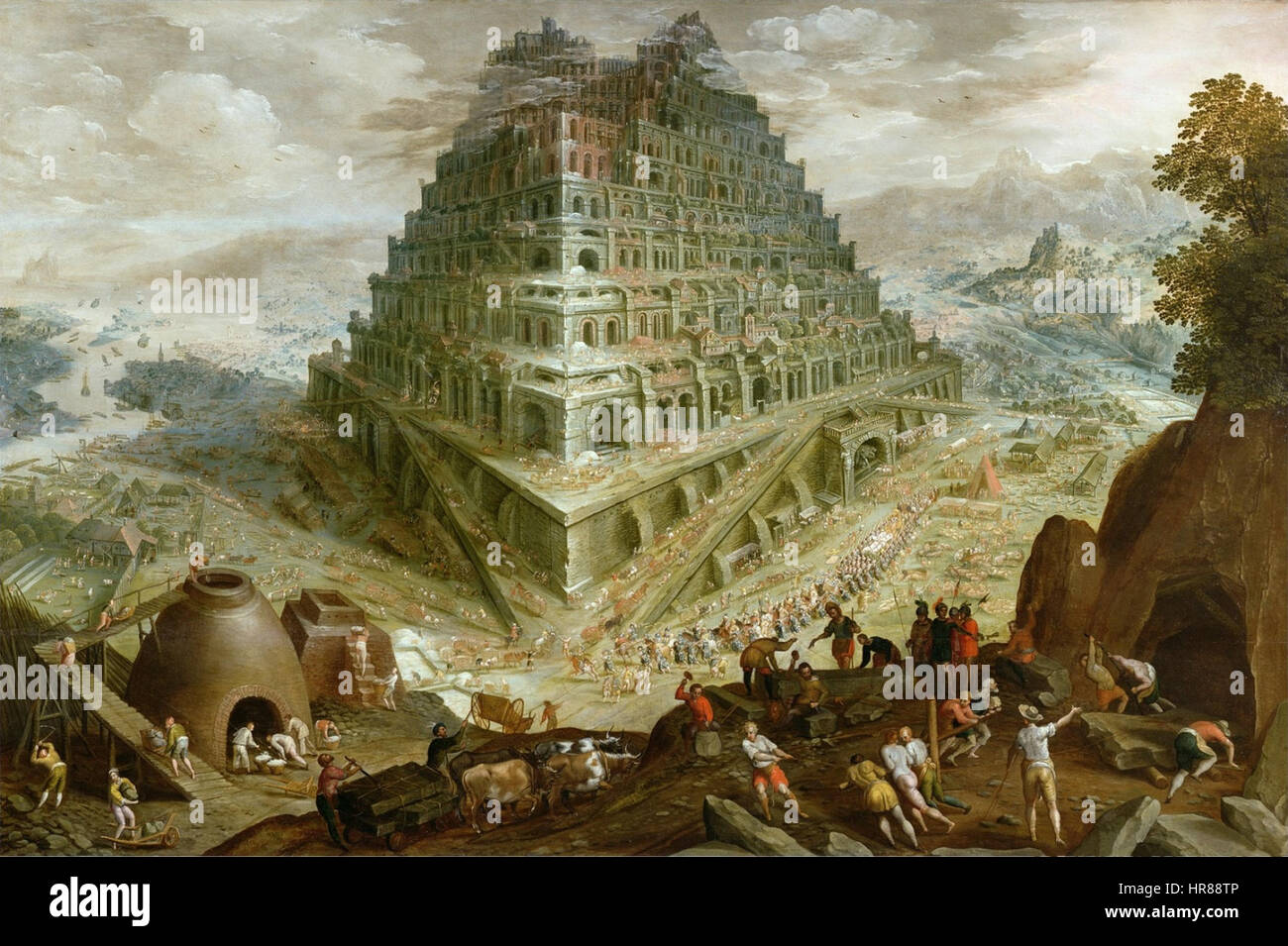 'Babel-Tower' de Valkenborch dépeint l'histoire biblique de la Tour de Babel, illustrant la grandeur architecturale et la confusion des langues. L'œuvre d'art capture l'ambition et le chaos entourant la construction de la tour. Banque D'Images