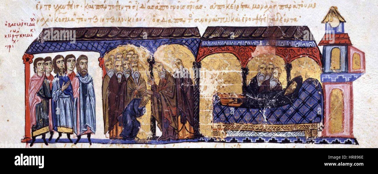 'Tonsure et mort de Michel IV' dépeint le moment important dans la vie de l'empereur Michel IV, en se concentrant sur sa tonsure religieuse et les derniers moments menant à sa mort. L’œuvre met en lumière le contexte impérial byzantin et la signification des derniers jours de l’empereur. Banque D'Images