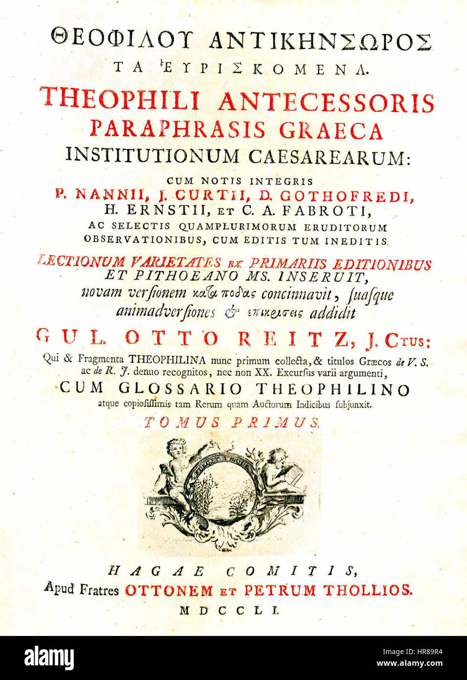 Theophili paraphrasis institutionum graeca - WIllhelm Otto Reitz - 1751 Banque D'Images