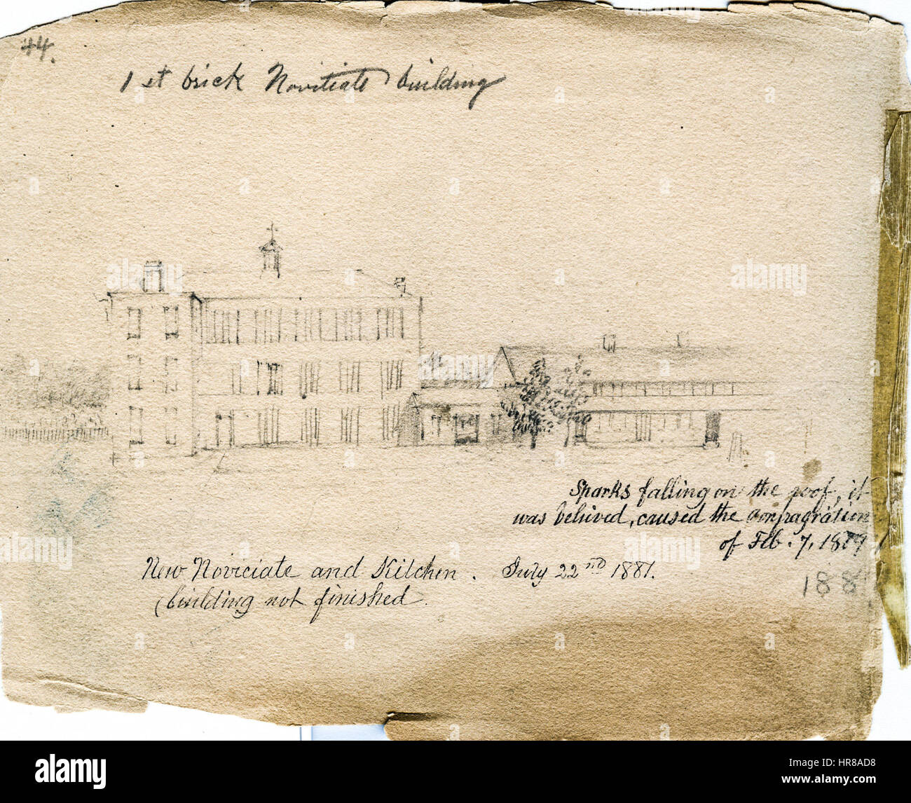 Le 'St Mary Sketchbook 44' représente un concept de conception précoce pour le premier noviciat en brique de la bonne Marie, mettant en valeur les plans architecturaux initiaux. Le croquis reflète l'influence de l'architecture religieuse dans les premiers designs modernes. Banque D'Images