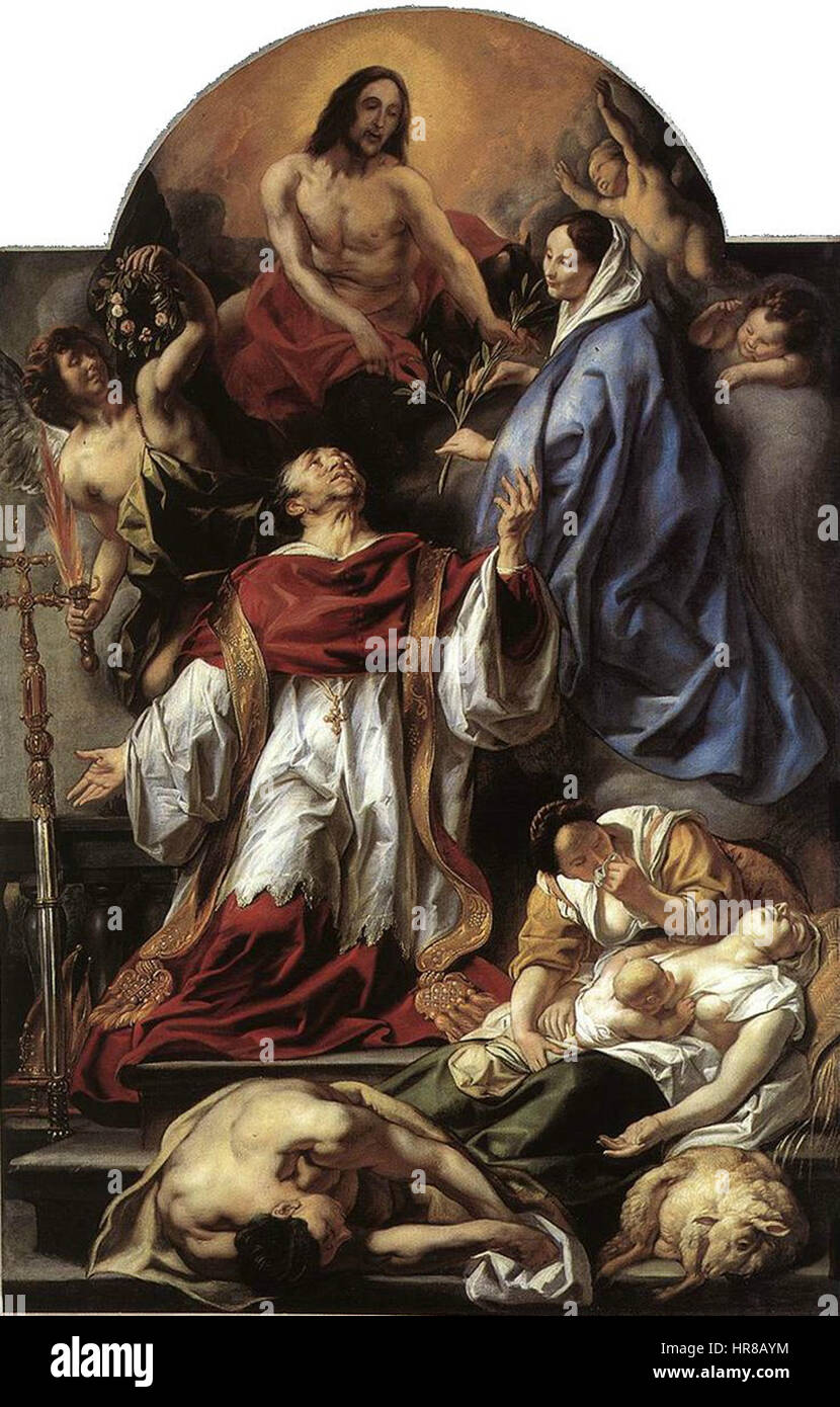 Ce tableau représente Saint Charles Borromée alors qu'il aide les victimes de la peste à Milan, reflétant sa compassion et son dévouement envers sa communauté pendant l'épidémie dévastatrice du XVIe siècle. Banque D'Images