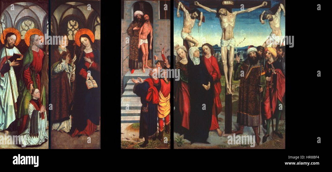 Ce triptyque, représentant la Crucifixion, présente une scène religieuse centrale flanquée de panneaux plus petits, un dessin commun dans les retables chrétiens de la période de la Renaissance, soulignant la passion du Christ. Banque D'Images
