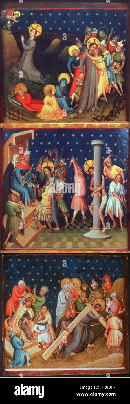 Le triptyque de la petite passion est une œuvre d'art religieuse représentant des scènes clés de la passion du Christ. Le panneau de gauche (volet gauche) montre typiquement un moment de souffrance du Christ, reflétant la profondeur émotionnelle et la signification spirituelle du récit. Banque D'Images