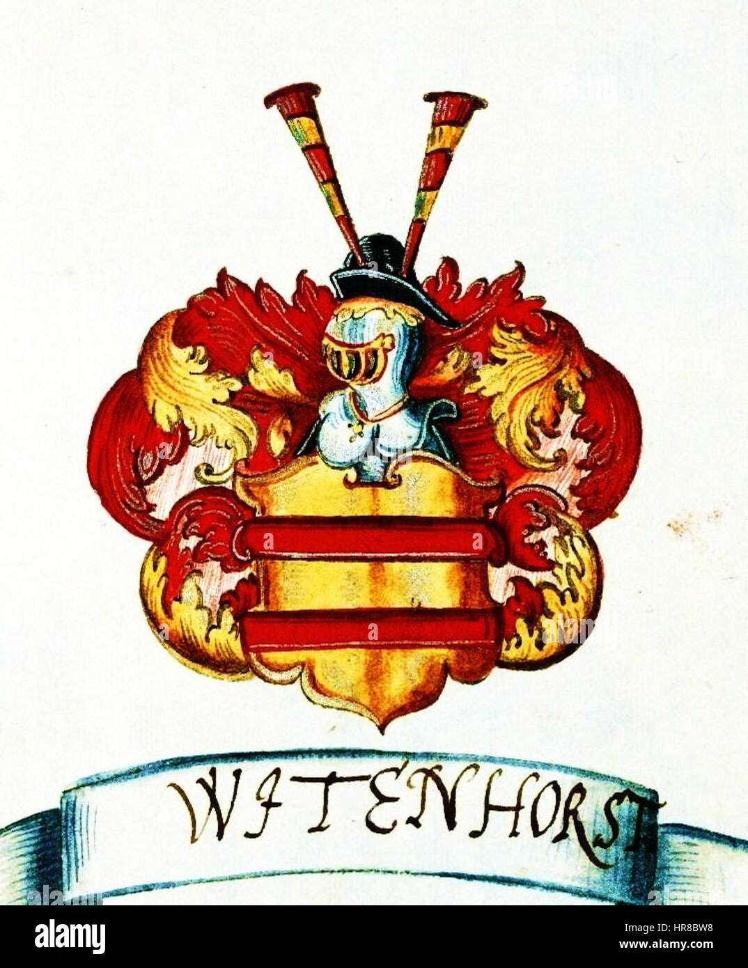 Les armoiries de la famille Wittenhorst ('Wappen') reflètent les traditions héraldiques de l'Europe médiévale et des débuts modernes. C’est une représentation visuelle de la lignée et du statut de la famille, ornée de symboles et de couleurs spécifiques révélateurs de leur noble héritage. Banque D'Images