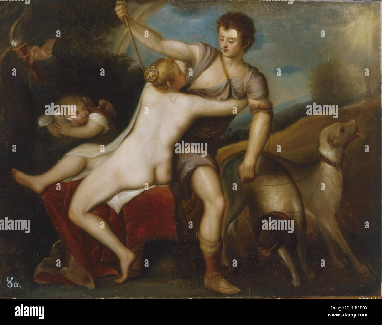 'Venus y Adonis', copie de l'original de Titien, est une peinture italienne de la Renaissance représentant l'histoire mythologique de Vénus et d'Adonis. La scène capture la nature tragique et passionnée de leur relation, avec Vénus tentant d'empêcher Adonis de partir à la chasse, ce qui conduit finalement à sa mort. La peinture met en évidence l’utilisation de la couleur, de l’expression émotionnelle et des thèmes mythologiques par le Titien. Banque D'Images