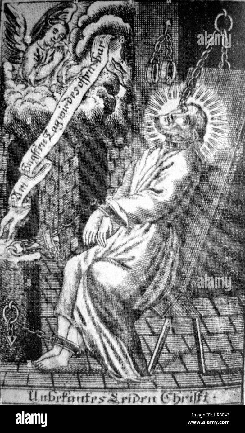 « La passion secrète du Christ » est une gravure du XVIIIe siècle qui dépeint l’intensité émotionnelle et spirituelle de la souffrance du Christ. La pièce se concentre sur les luttes internes et la dévotion, offrant une représentation symbolique de la passion du Christ. Banque D'Images
