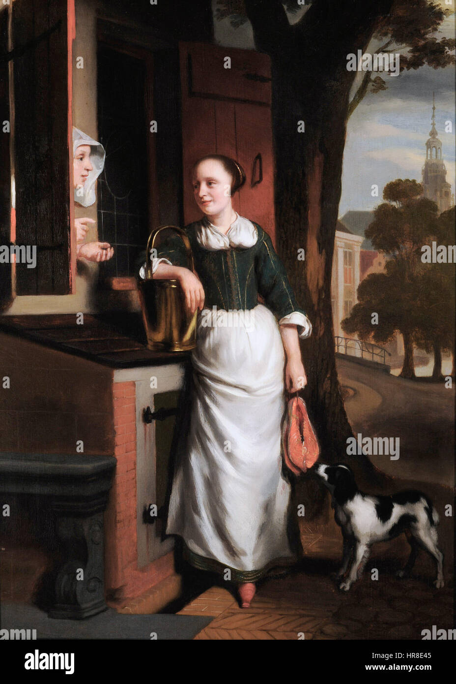 Deux femmes au foyer, de broutement par Nicolaes MAES Banque D'Images