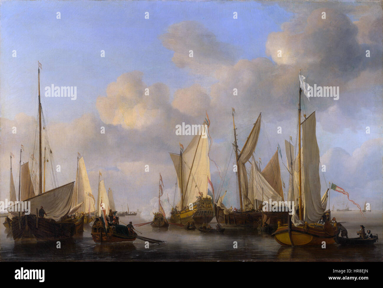 Cette peinture de Willem van de Velde II représente un yacht néerlandais saluant, mettant en valeur la scène maritime détaillée typique des œuvres de l’artiste. La peinture souligne l'élégance des yachts hollandais et la fierté navale du XVIIe siècle. Banque D'Images