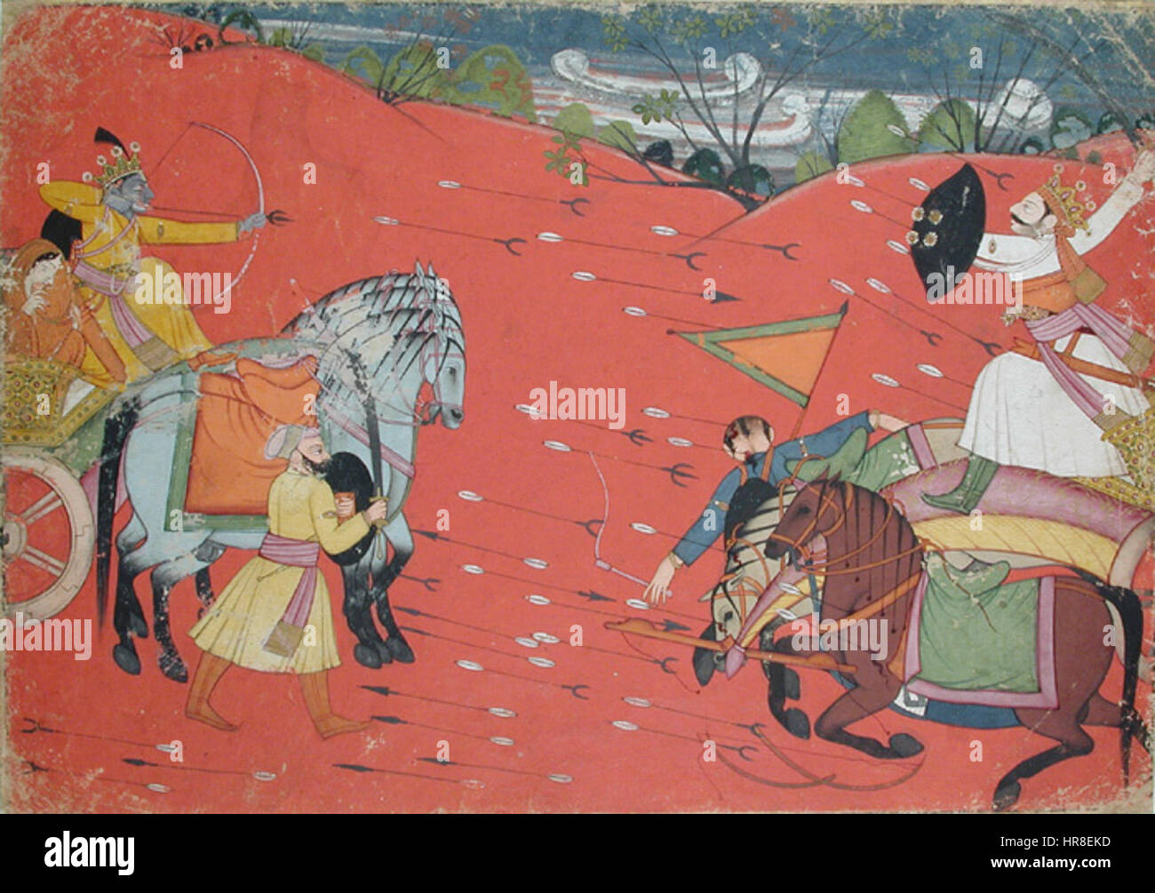 'La poursuite de Krishna et Rukmini' dépeint la poursuite légendaire de la déesse Rukmini par le Dieu Krishna, mettant en valeur une scène d'amour divin et de passion. La peinture reflète l'art traditionnel indien, avec des couleurs riches et des détails complexes qui soulignent la signification mythologique de l'histoire. Banque D'Images