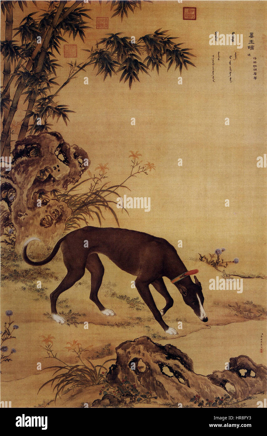 « Dix chiens prisés » est une peinture qui présente un groupe de dix chiens, chacun représentant différentes races ou caractéristiques. L'artiste se concentre sur leur représentation détaillée et la valeur placée sur ces animaux dans la société historique. Banque D'Images