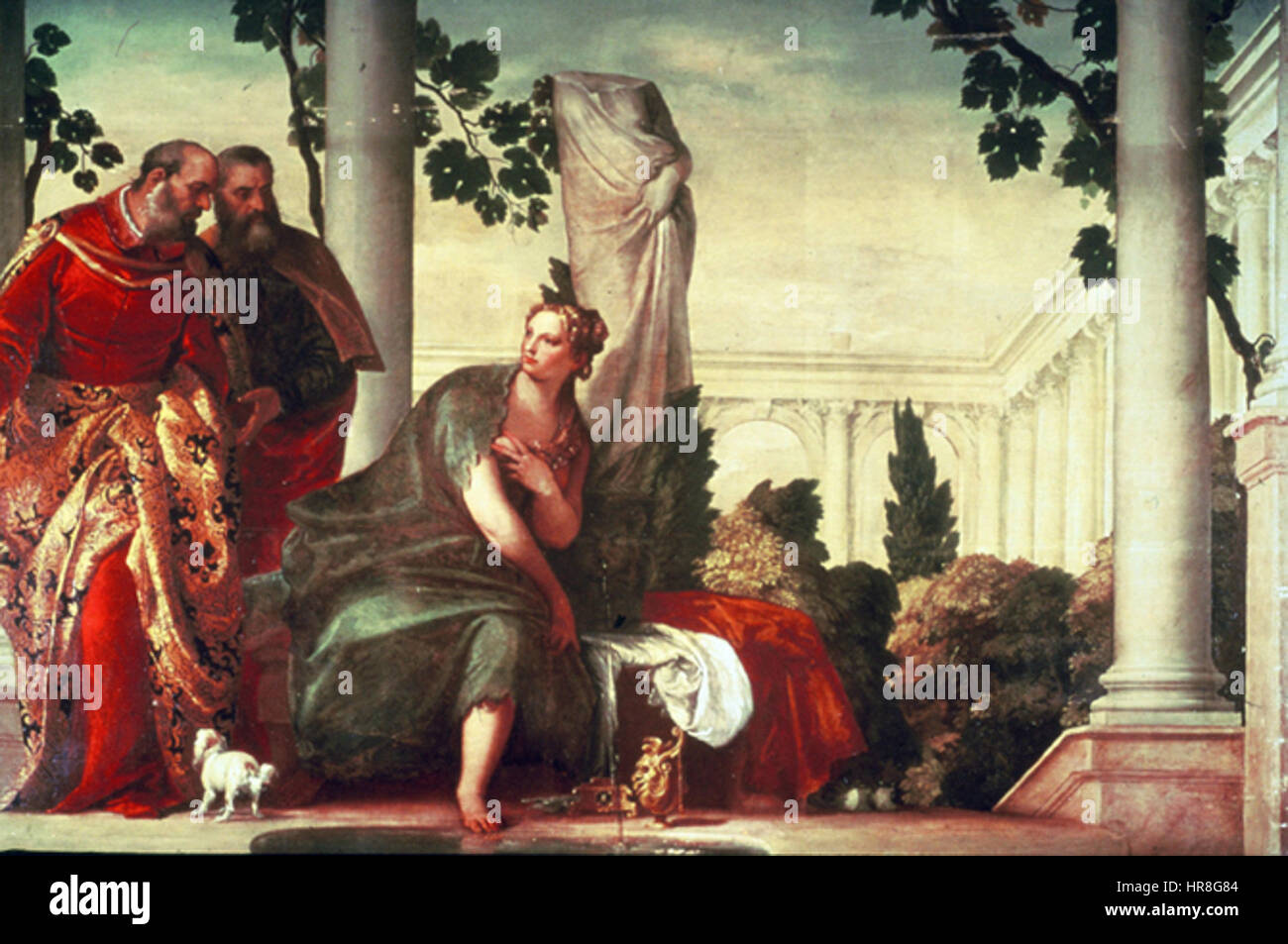 Cette peinture de Paolo Caliari, également connu sous le nom de Véronèse, dépeint l'histoire biblique de Susanna et des anciens. Il dépeint Susanna, une femme vertueuse, alors qu'elle est harcelée par deux aînés qui l'accusent plus tard faussement. L'œuvre met en valeur la maîtrise de la couleur et de la composition de Véronèse, capturant à la fois l'intensité narrative et émotionnelle du moment. Banque D'Images