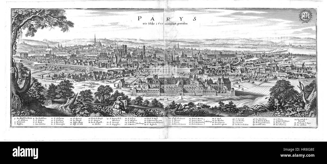 'Vue generale de Paris 1620' est une carte historique montrant une vue panoramique de Paris au début du XVIIe siècle. La carte fournit une représentation détaillée de l'aménagement de la ville, des principaux monuments et des bâtiments de l'époque. Banque D'Images