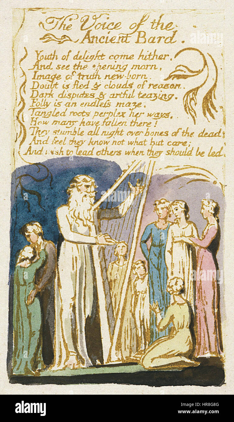 The Voice of the Ancient Bard fait partie de la série Songs of innocence de William Blake. Cette gravure et ce poème représentent l’exploration de Blake de l’innocence et de la sagesse de l’âge, en utilisant des images symboliques et un langage poétique pour réfléchir sur des thèmes sociétaux. Banque D'Images