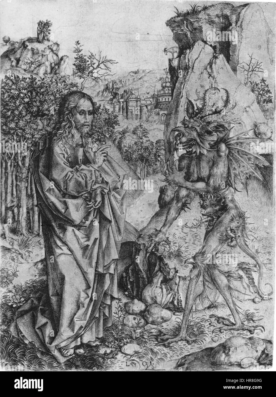 « Tentation du Christ » est un thème biblique représenté dans l’art, montrant la lutte du Christ contre la tentation dans le désert. L'œuvre reflète le symbolisme chrétien et la lutte spirituelle. Banque D'Images