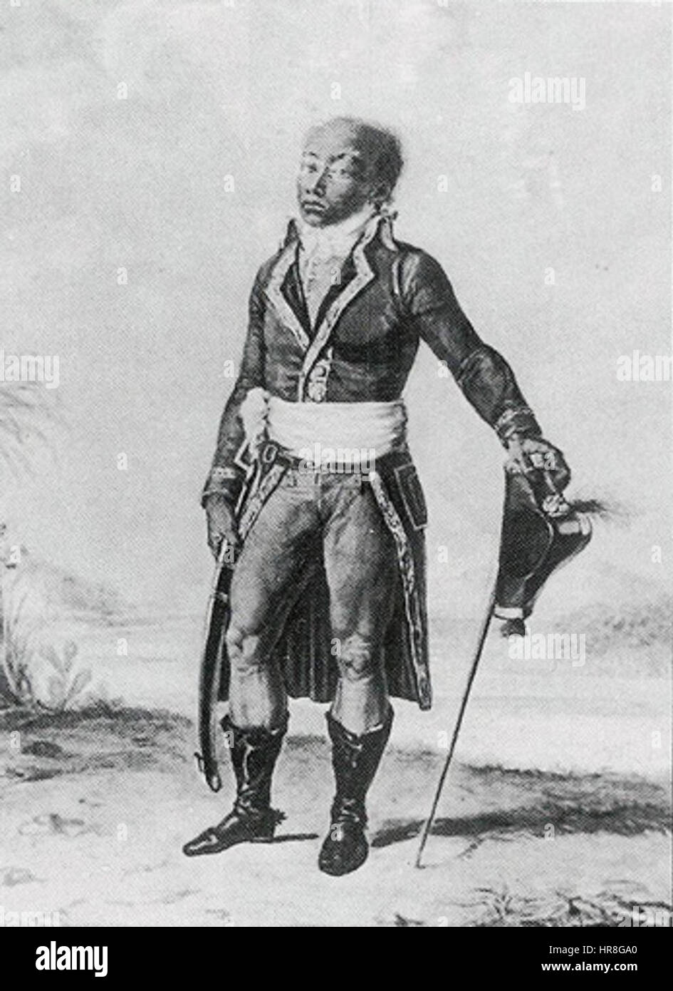 Le portrait de Toussaint Louverture par Pierre-Charles Baquoy capture le leader haïtien dans une pose imposante et digne. La peinture souligne son rôle dans l'histoire haïtienne, le dépeignant comme une figure forte et résolue dans la lutte pour l'indépendance. Banque D'Images