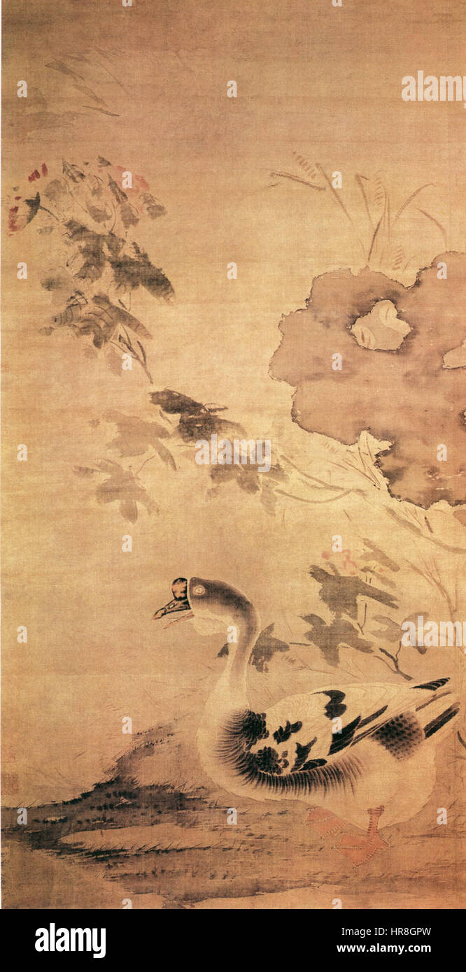 'Swimming Goose by Flowers and Rocks' de Sun long est une peinture chinoise traditionnelle qui représente une oie nageant au milieu des fleurs et des rochers. La pièce met en évidence l'équilibre délicat de la nature, en mettant l'accent sur le comportement naturel de l'oiseau et l'harmonie paisible entre les éléments naturels. Banque D'Images 'Swimming Goose by Flowers and Rocks' de Sun long est une peinture chinoise traditionnelle qui représente une oie nageant au milieu des fleurs et des rochers. La pièce met en évidence l'équilibre délicat de la nature, en mettant l'accent sur le comportement naturel de l'oiseau et l'harmonie paisible entre les éléments naturels. Banque D'Images
