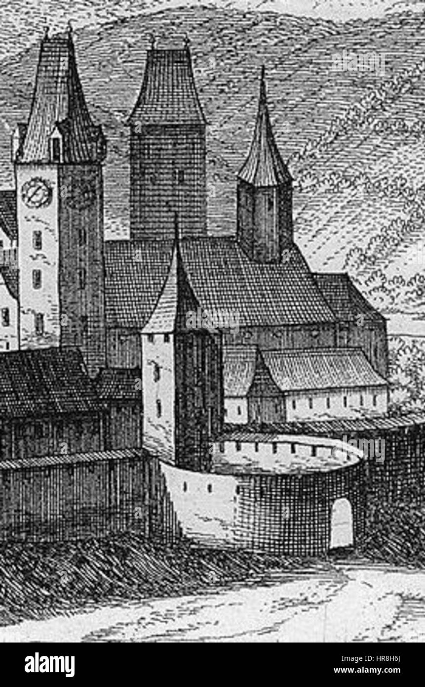 Église Stadtpfarrkirche Zwettl und Unteres Tor um 1672 Banque D'Images