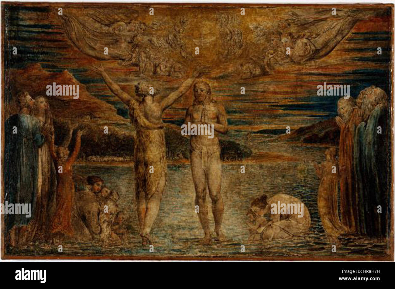 'Le baptême du Christ' de William Blake dépeint le moment du baptême du Christ par Jean le Baptiste dans le Jourdain. Le style visionnaire de Blake met l’accent sur les thèmes spirituels et symboliques dans cet événement biblique pivot. Banque D'Images