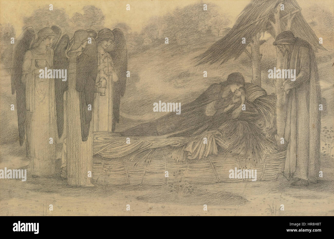 Cette étude préparatoire par Edward Burne-Jones pour son célèbre travail "la Nativité" met en valeur son processus de conception complexe. L’étude révèle l’accent mis par l’artiste sur la composition et le ton émotionnel de la scène sacrée. Banque D'Images