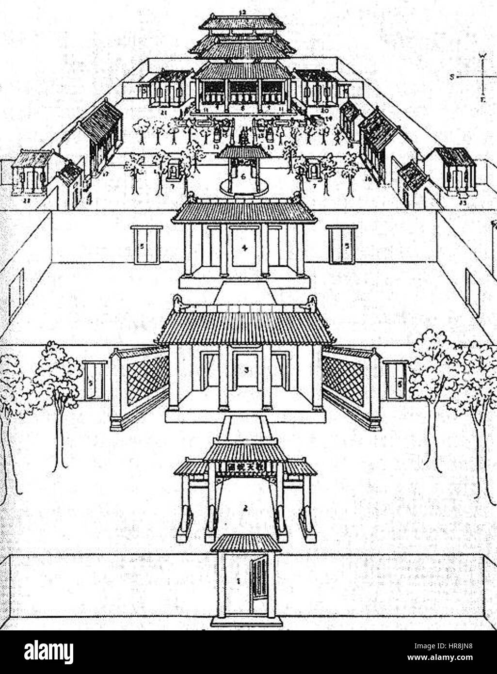 La synagogue de Kaifeng, un lieu de culte juif historique en Chine, est représentée dans cette œuvre. Le bâtiment reflète le mélange unique des styles architecturaux chinois et juifs, symbolisant les échanges culturels dans la Chine médiévale. Banque D'Images