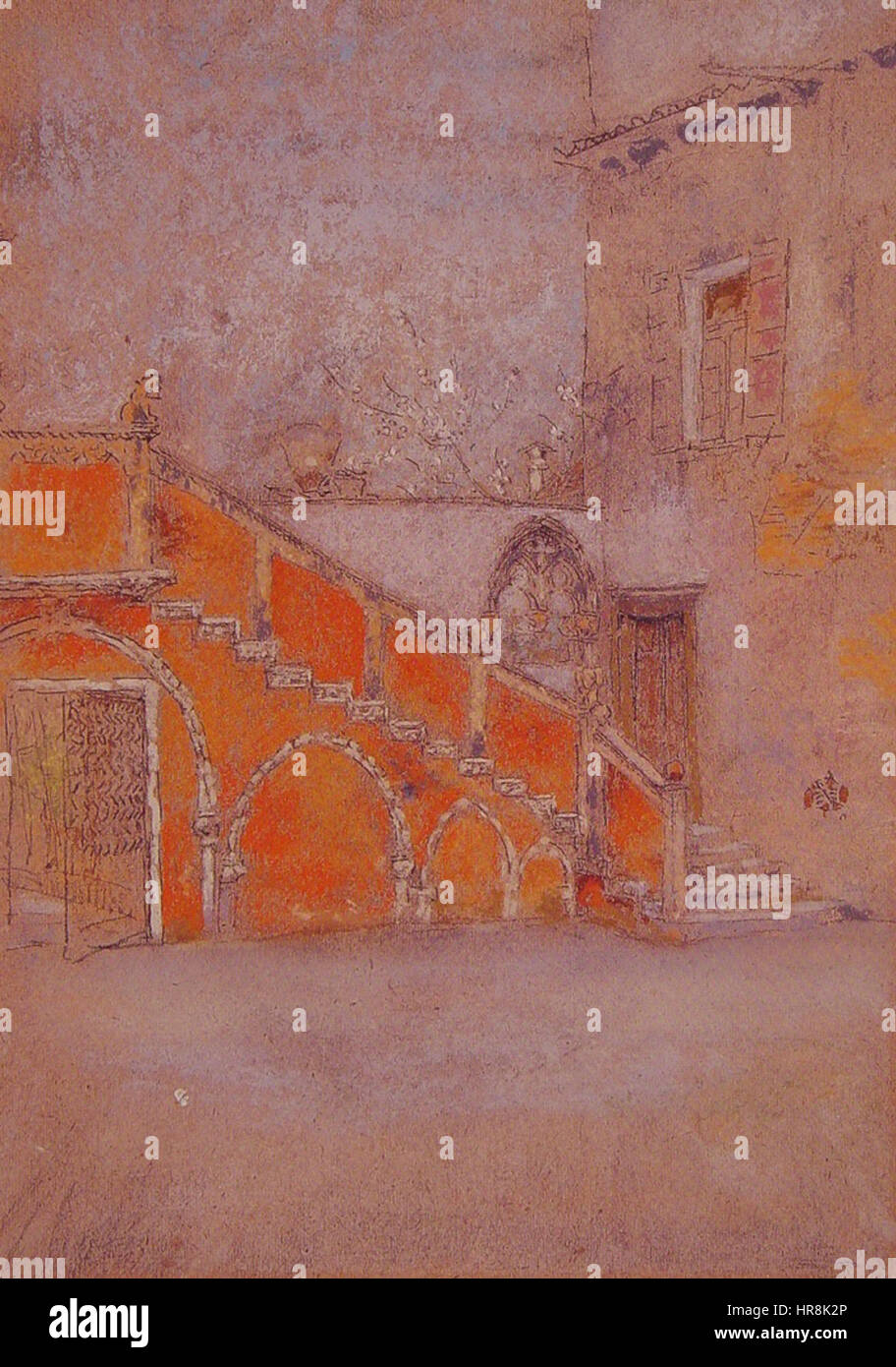 The Staircase Note in Red (1880) est une peinture de James Whistler, connue pour son mélange unique de couleurs et de composition. Ce travail fait partie de l'accent mis par Whistler sur l'harmonie et les effets tonaux. La pièce présente un intérieur d'escalier sombre, avec une figure centrale positionnée sur un fond de tons rouges et sombres profonds, mettant en valeur le style caractéristique de l'artiste, aux contrastes subtils et aux lignes fluides. Banque D'Images
