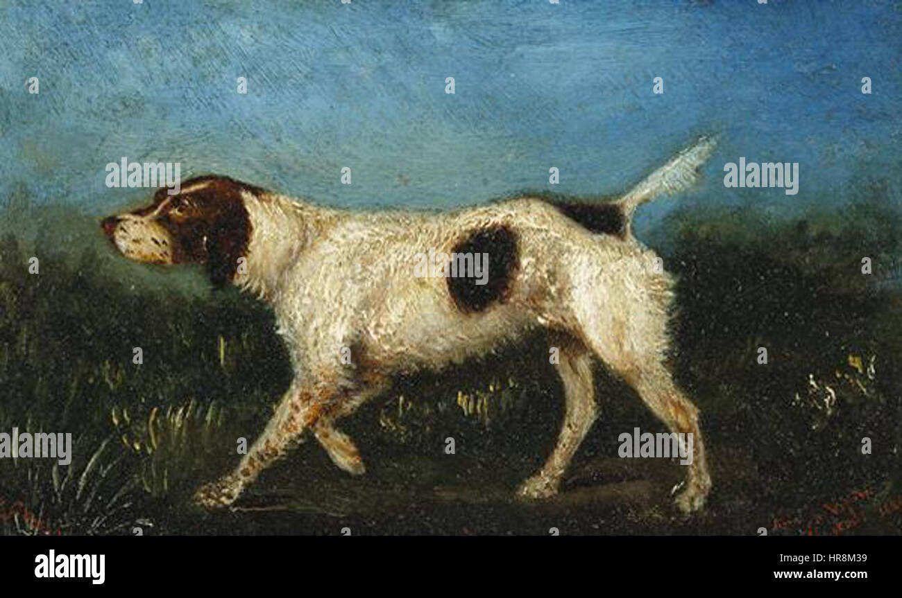 Ce tableau d’Henri Toulouse-Lautrec représente un chien, typique de ses œuvres ultérieures qui représentaient souvent des sujets du quotidien et des personnes de la vie parisienne. Le pinceau est caractéristique du style dynamique de Lautrec, capturant un moment de vitalité et de mouvement, reflétant l’atmosphère animée et bohème de la capitale française. Banque D'Images