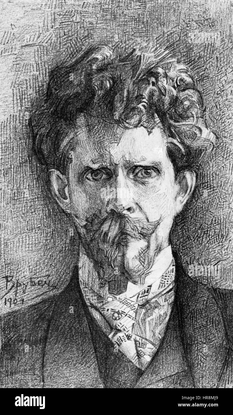 « Portrait de Fedor Arsenïevitch Usoltsev » (1904) de l’artiste russe Mikhaïl Vrubel dépeint l’aristocrate russe d’une manière très expressive et dramatique. Le style de Vrubel se caractérise par des contrastes de couleurs vifs et une intensité émotionnelle, capturant la personnalité de son sujet avec profondeur et réalisme. Banque D'Images