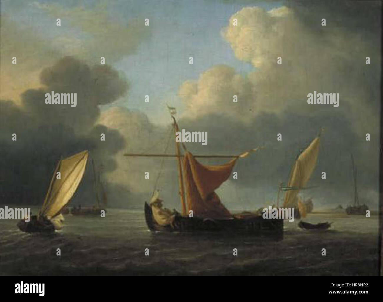 Willem van de Velde (II) était un peintre marin néerlandais, renommé pour ses représentations précises des batailles navales et des naufrages. Son travail illustre les paysages marins hollandais du XVIIe siècle, capturant le drame et les détails de la vie maritime. Banque D'Images