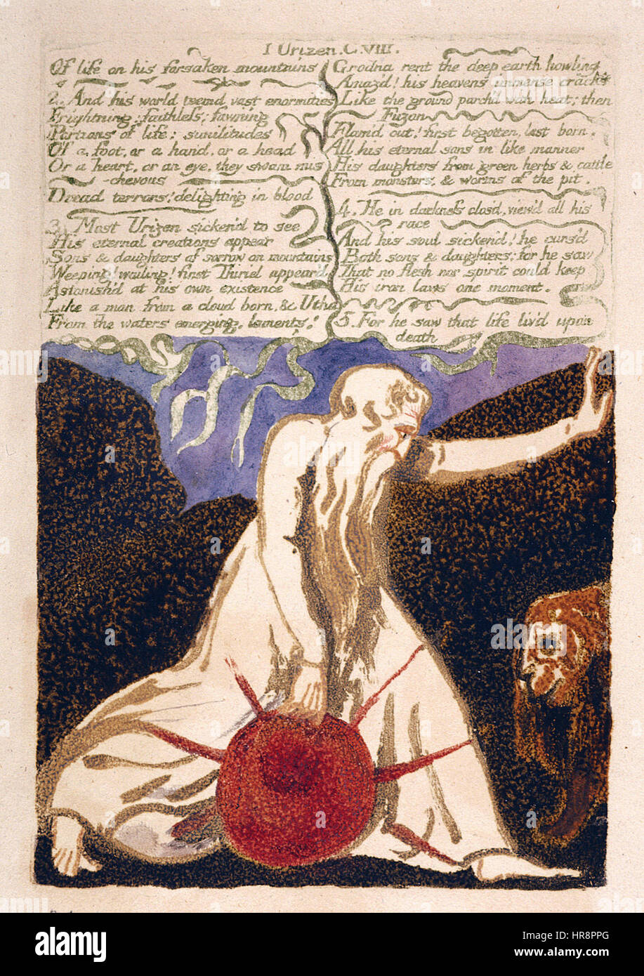 'Le premier Livre d'Urizen' est une œuvre poétique et visuelle de William Blake, incorporant illustrations et textes. La pièce reflète le style unique de Blake qui mêle mysticisme, philosophie et vision artistique au début du XIXe siècle. Banque D'Images