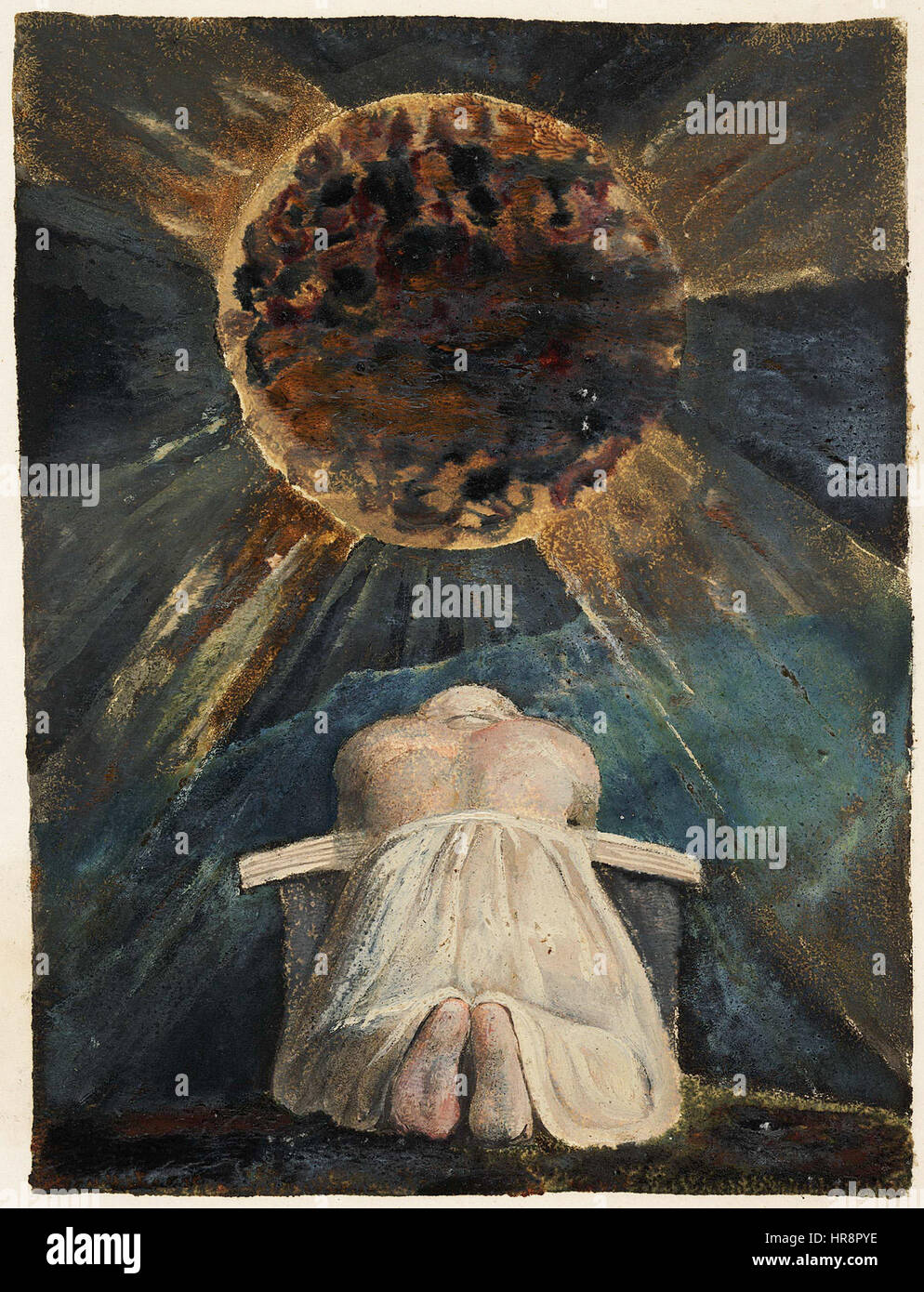 La chanson de Los est une œuvre d'art qui illustre les thèmes de la mythologie et de l'expérience humaine. Dans cette version particulière, la copie présente des éléments visuels complexes qui dépeignent la figure centrale de Los, une figure de l’univers poétique de William Blake, incarnant l’énergie visionnaire et des thèmes cosmiques. Banque D'Images