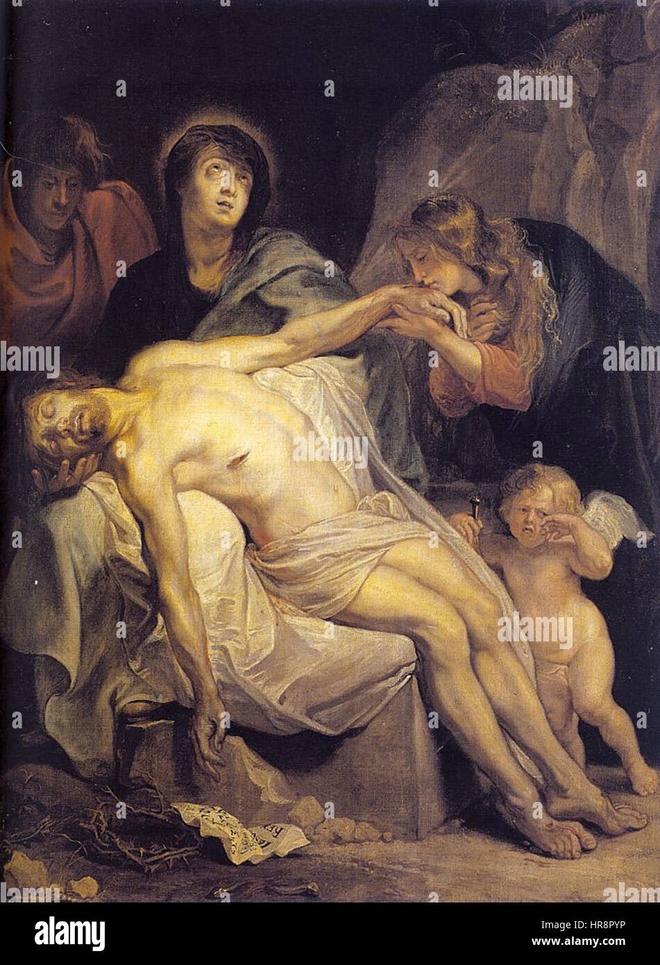 « La Lamentation » est une peinture religieuse représentant le deuil du Christ après sa crucifixion. L’œuvre se concentre sur les expressions émotionnelles de ceux qui entourent le corps du Christ, capturant la tristesse et le chagrin du moment. Banque D'Images