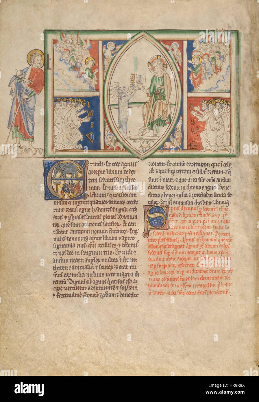 Cette représentation, qui fait partie des scènes de révélation, montre l'Agneau de Dieu ouvrant le livre scellé, flanqué d'anges et d'anciens chantant des louanges, représentant la puissance divine et les thèmes sacrés de l'imagerie apocalyptique chrétienne. Banque D'Images