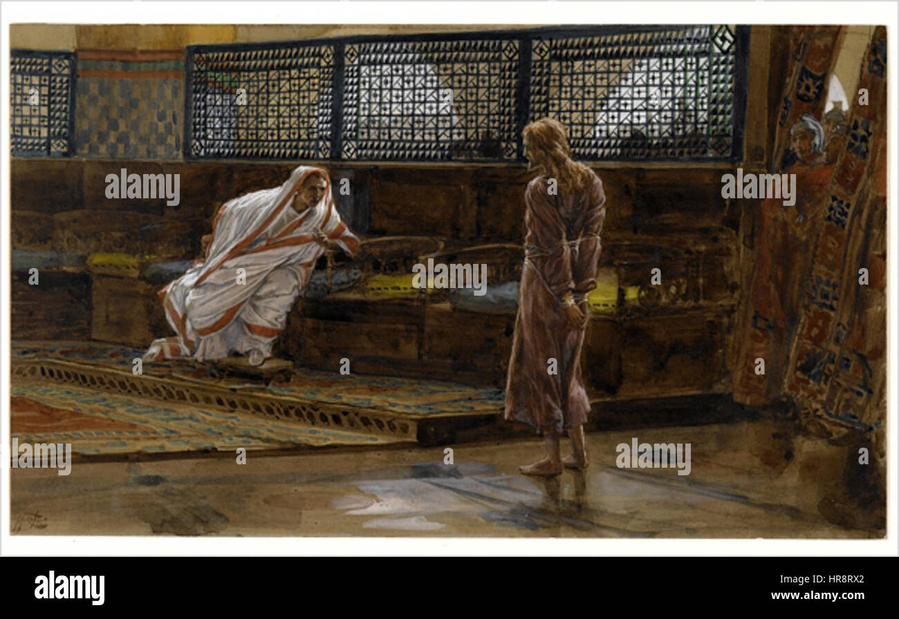 'Pilate' de James Tissot présente une scène biblique de Ponce Pilate, le gouverneur romain, représentée avec des détails vifs. La peinture capture le moment de l'interaction de Pilate avec Jésus-Christ, reflétant l'intérêt de Tissot pour les thèmes religieux et la précision historique. Banque D'Images