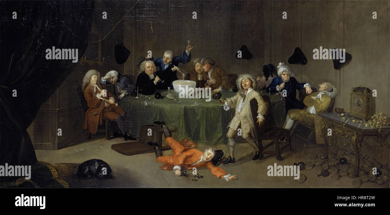 Une Conversation Moderne de Minuit, une peinture à l'huile sur toile de William Hogarth, un artiste et satiriste anglais, créée vers 1732. Banque D'Images