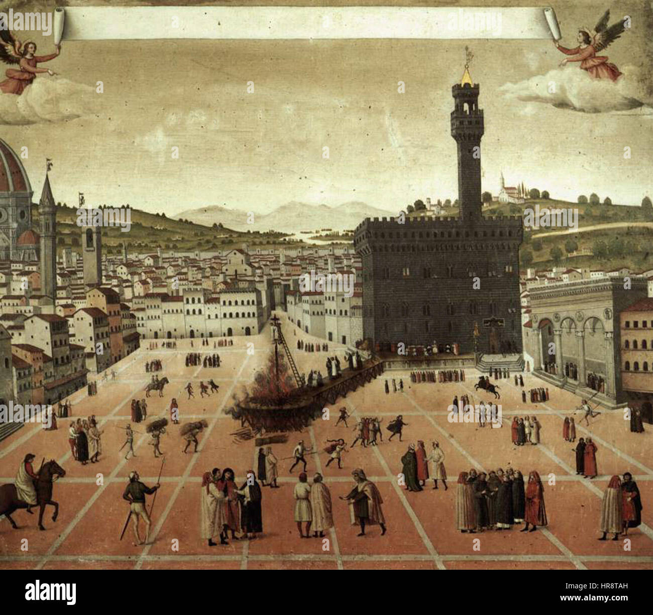 Le tableau « exécution de Savonarola sur la Piazza della Signoria » représente l'exécution du frère dominicain Girolamo Savonarola en 1498. L'œuvre décrit probablement l'événement dramatique de sa mort à Florence, un moment clé dans l'histoire religieuse et politique de la ville. La scène met en lumière les tensions entre réforme religieuse et pouvoir politique à la Renaissance Florence. Banque D'Images