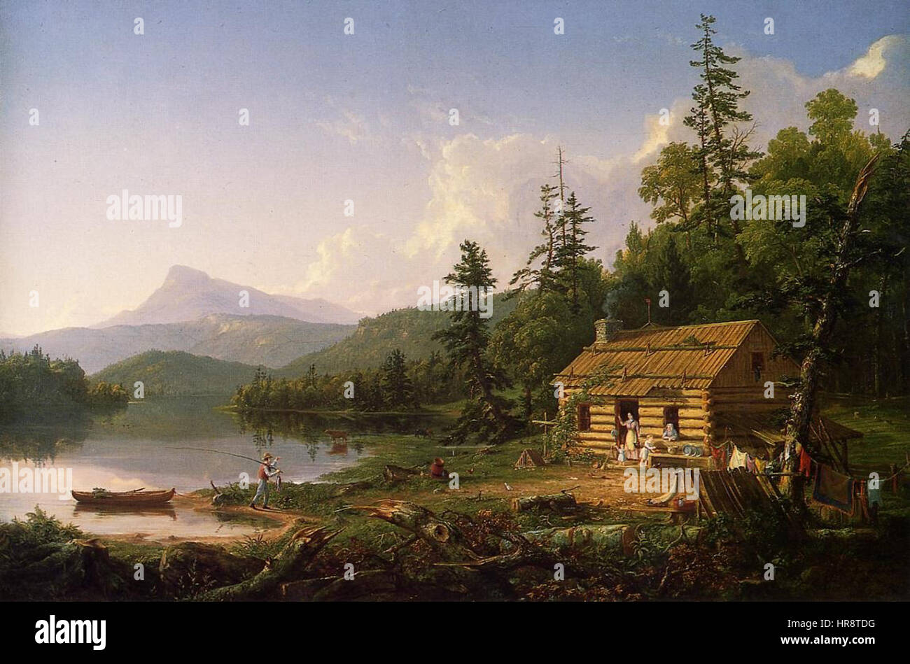 « Home in the Woods » de Thomas Cole dépeint un paysage rural serein mettant l'accent sur la nature et la présence d'une maison simple. L'œuvre reflète les thèmes de l'Hudson River School, mettant en valeur la beauté du paysage américain au XIXe siècle. Banque D'Images