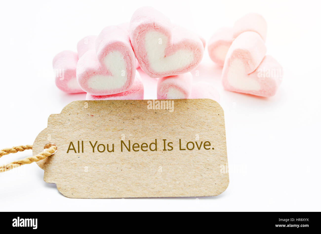 Tout ce qu'il vous faut, c'est l'amour tag papier libellé avec forme de coeur de guimauve sur fond blanc. Banque D'Images