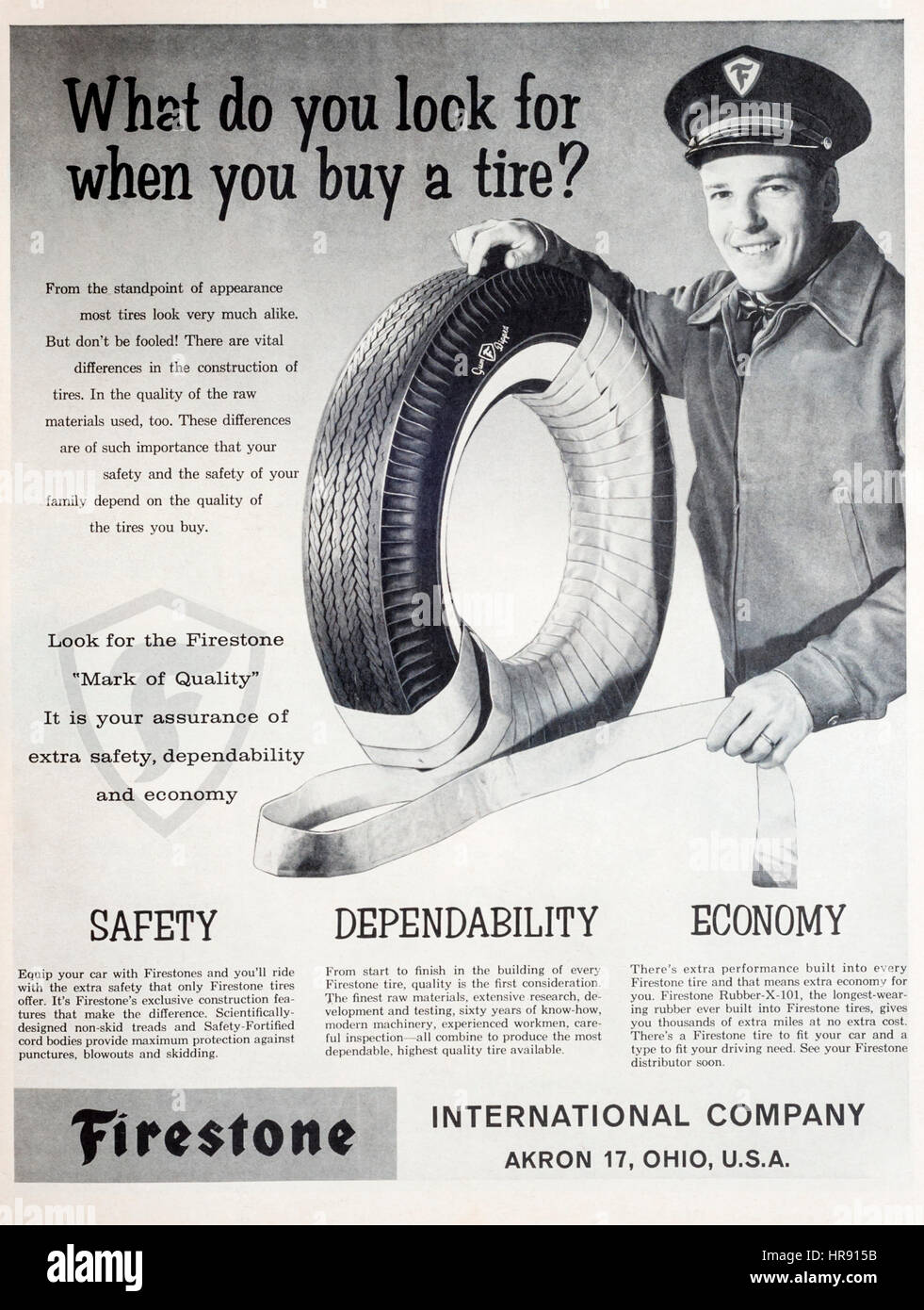 1960 La publicité pour les pneus Firestone ou des pneus. Banque D'Images