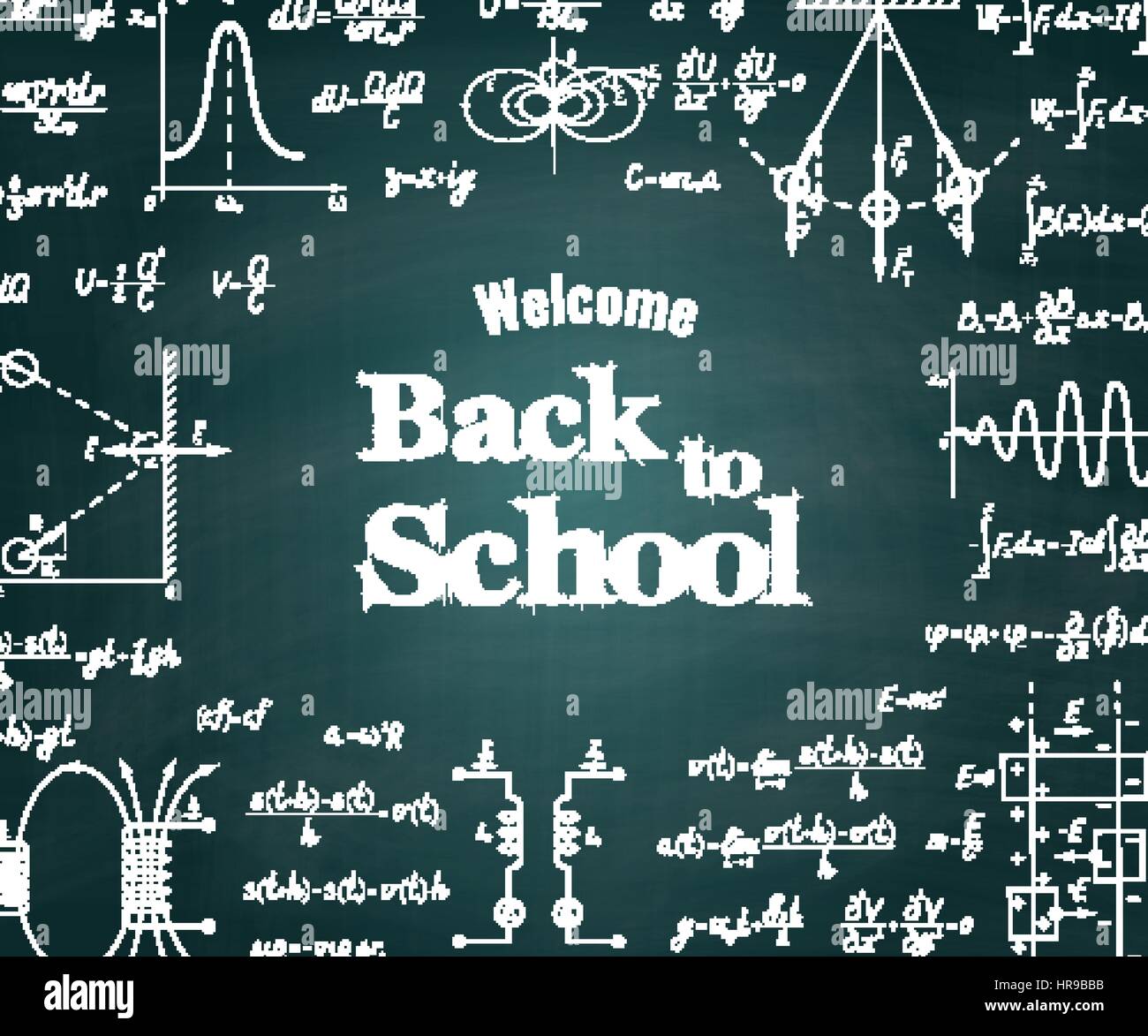 Retour à l'école physique vecteur tableau vert arrière-plan avec des signes différents, des chiffres, des formules et des graphiques de fonctions Illustration de Vecteur