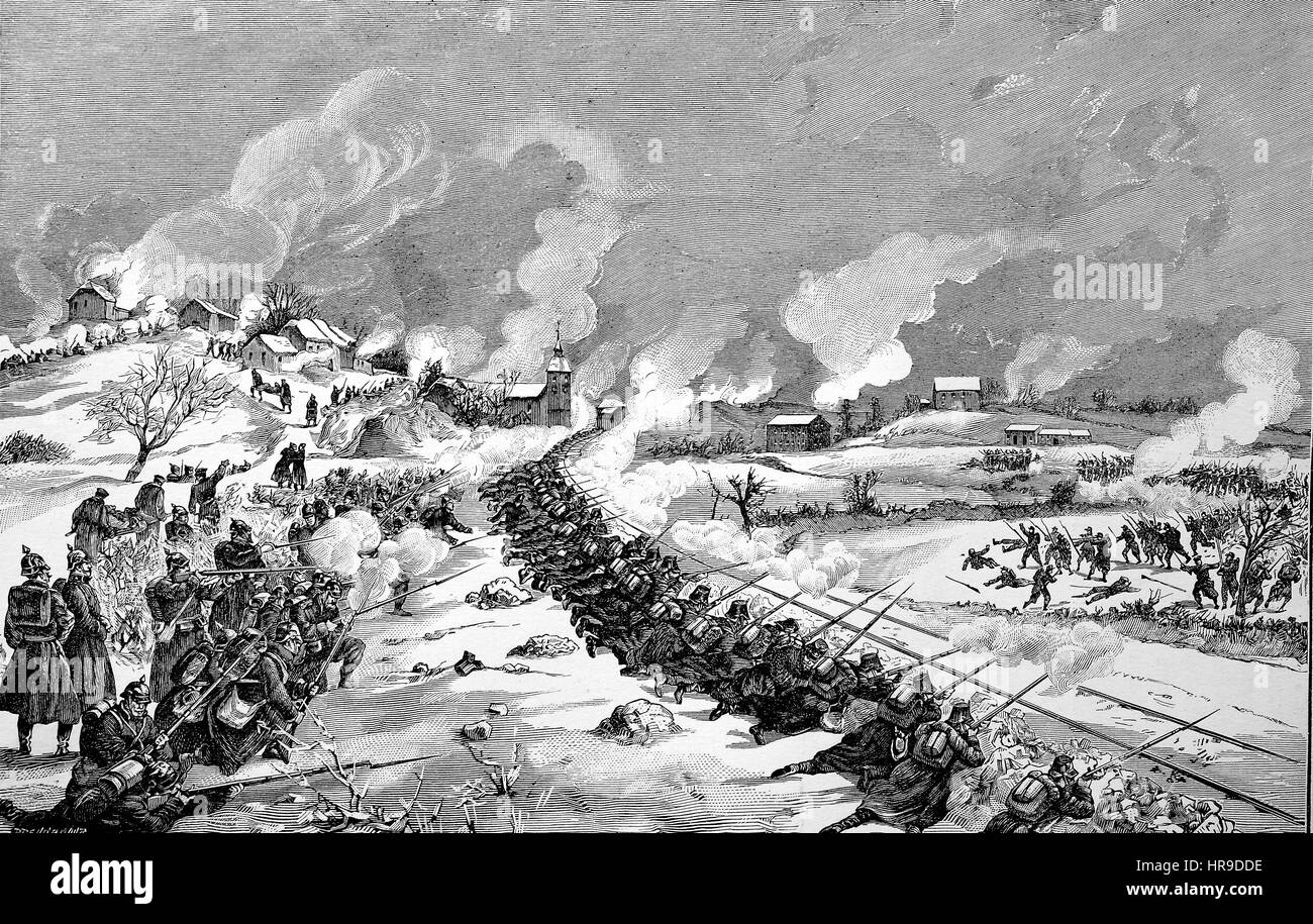 Bataille de la voie ferrée, près de Bethoncourt, France, Situation de l'époque de la guerre franco-allemande ou la guerre franco-allemande, Deutsch-Franzoesischer Krieg, 1870-1871, reproduction d'une gravure originale de l'année 1885, l'amélioration numérique Banque D'Images